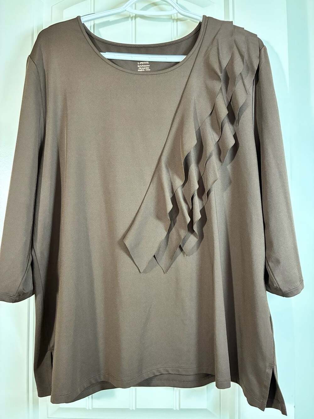 BonWorth Brown Ruffle Front 3/4 Sleeve Top L-Petite